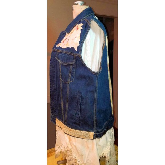 Boho Gypsy Vest Upcycled Denim Jacket Plus Size 20 - Picture 6 of 8